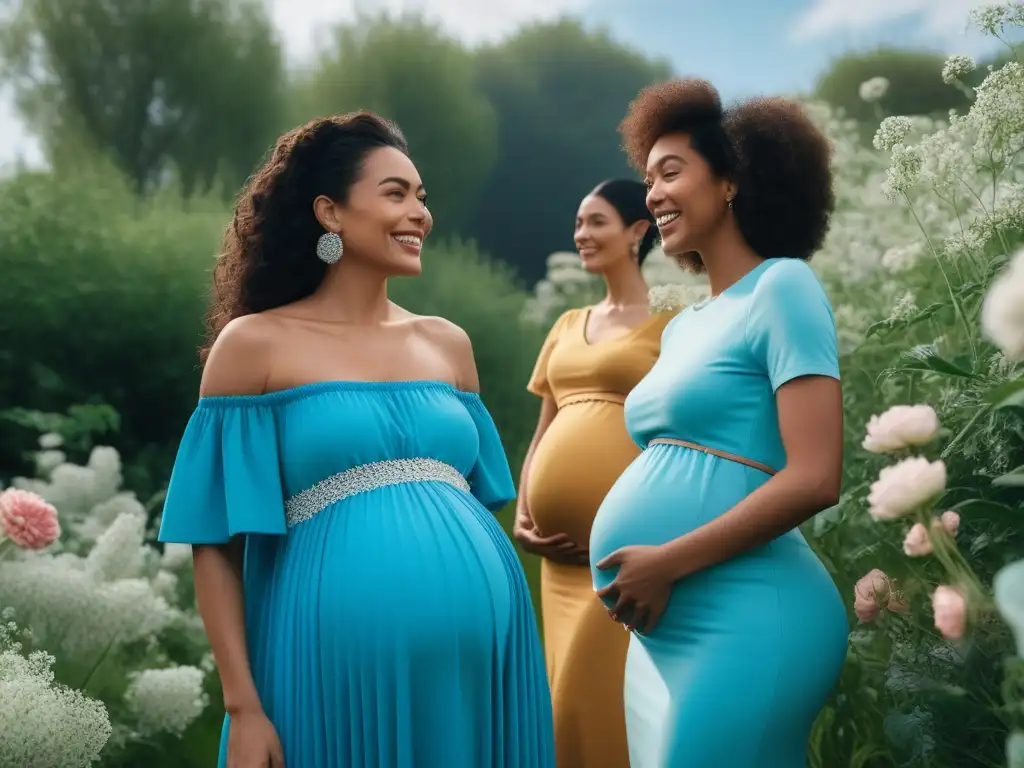 Moda maternal sostenible: diversidad, estilo y empoderamiento Un jardín rebosante de vida con mujeres embarazadas de diversas etnias y estilos, vistiendo moda maternal sostenible de marcas prácticas
