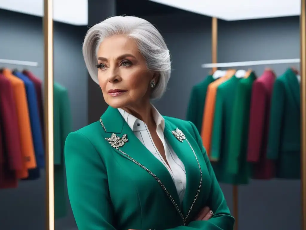 Moda senior: transformación y sofisticación con colores vibrantes Reflejo de confianza: mujer mayor elegante en traje verde esmeralda, rodeada de telas de colores