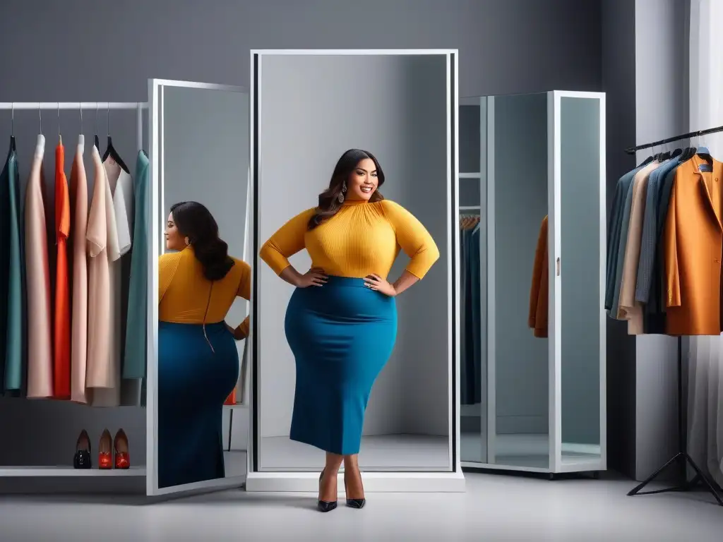Modelo plus size en espejo: estilo y empoderamiento Un reflejo radiante de autoestima y moda tallas grandes en un vestidor moderno y colorido