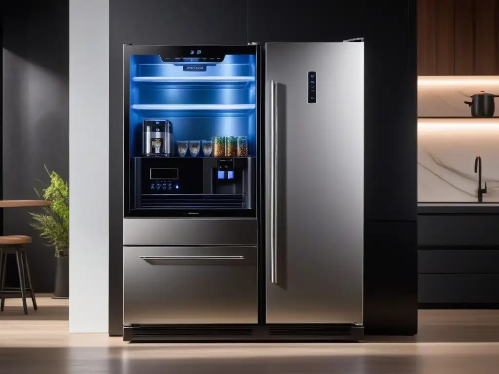 Electrodomésticos de lujo: fusión de arte y tecnología en la cocina moderna Refrigerador futurista y espresso de lujo en cocina moderna