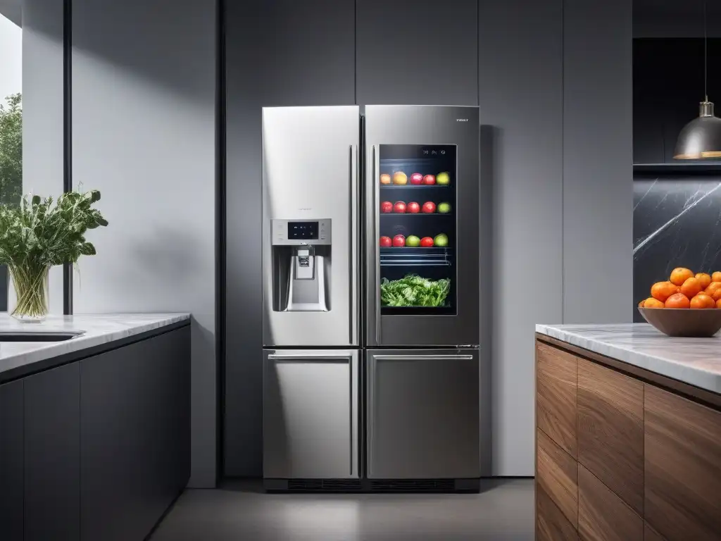 Refrigerador futurista: diseño minimalista y tecnología avanzada en una cocina chic Un refrigerador futurista y minimalista con pantalla táctil y luces LED integradas, en una cocina chic y moderna