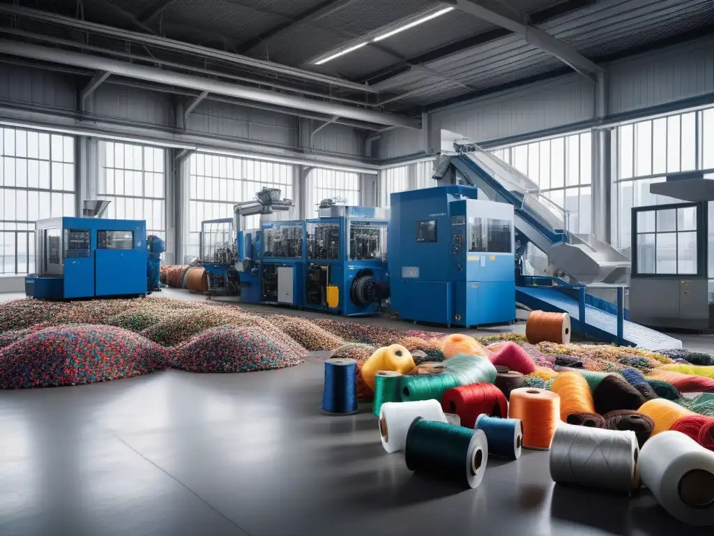 Proceso innovador: reciclaje de plástico en fábrica de Econyl Nylon regenerado moda sostenible: Maquinaria innovadora transforma plástico en hilo vibrante en fábrica eco-chic