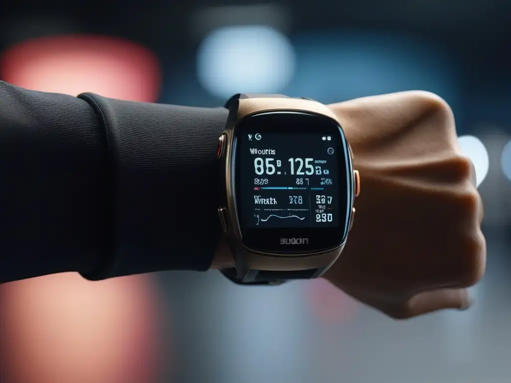 Reloj deportivo futurista con seguimiento avanzado en gimnasio tecnológico Un reloj deportivo futurista y elegante con avanzadas capacidades de seguimiento en un gimnasio de alta tecnología