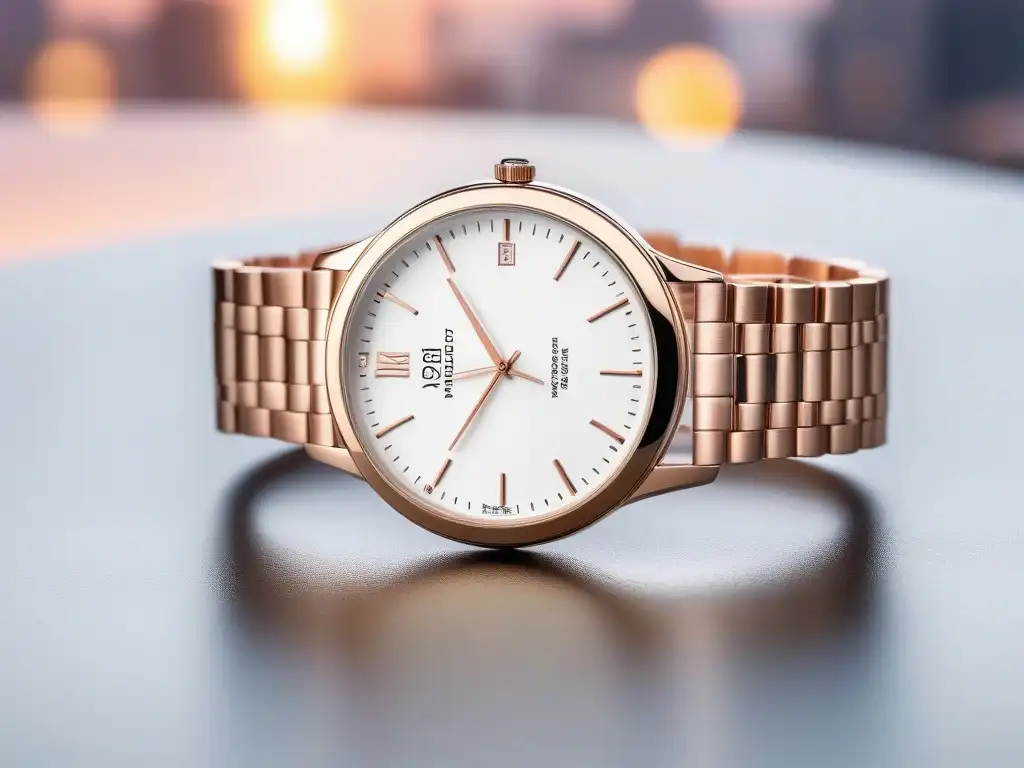 Reloj de oro rosa y pulseras: elegancia urbana Reloj rosa dorado moderno y elegante con pulseras plateadas y doradas en una muñeca petite