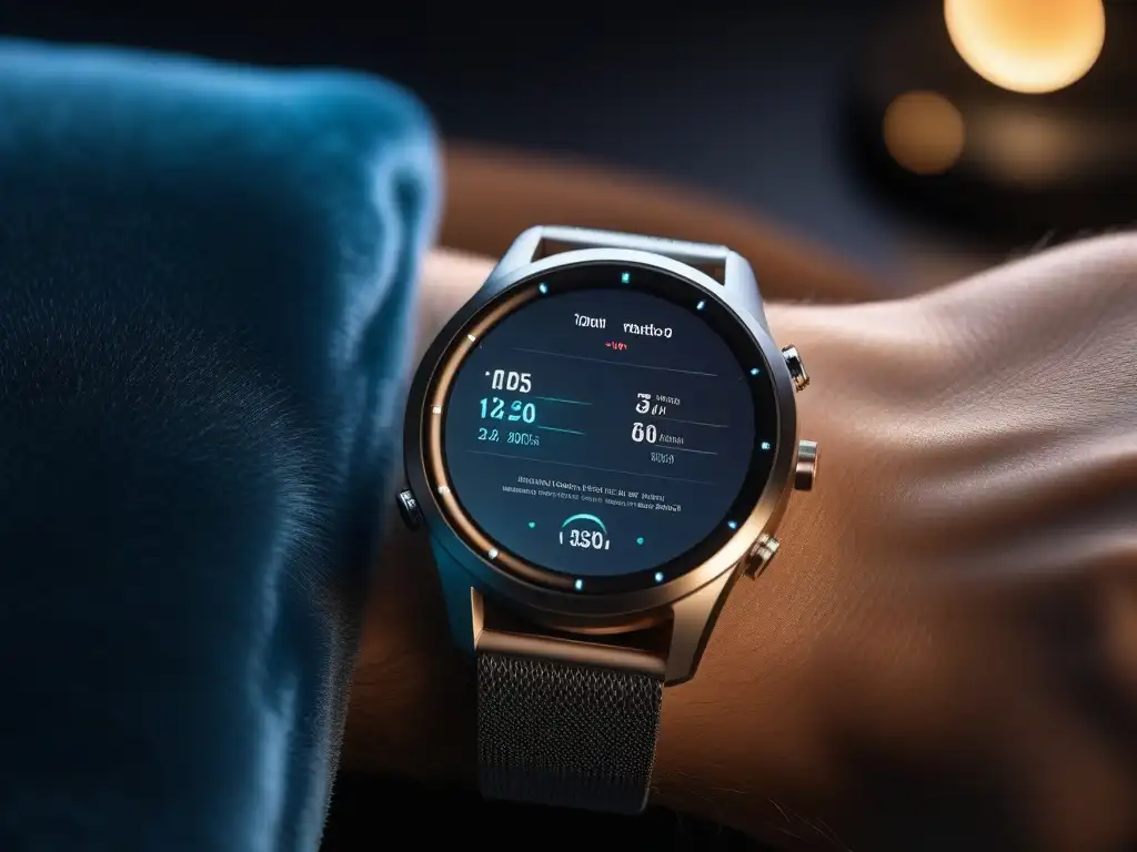 Smartwatch de lujo: elegancia y tecnología avanzada en fitness Un reloj inteligente de alta gama sobre terciopelo, con métricas de fitness, en un ambiente elegante de gimnasio