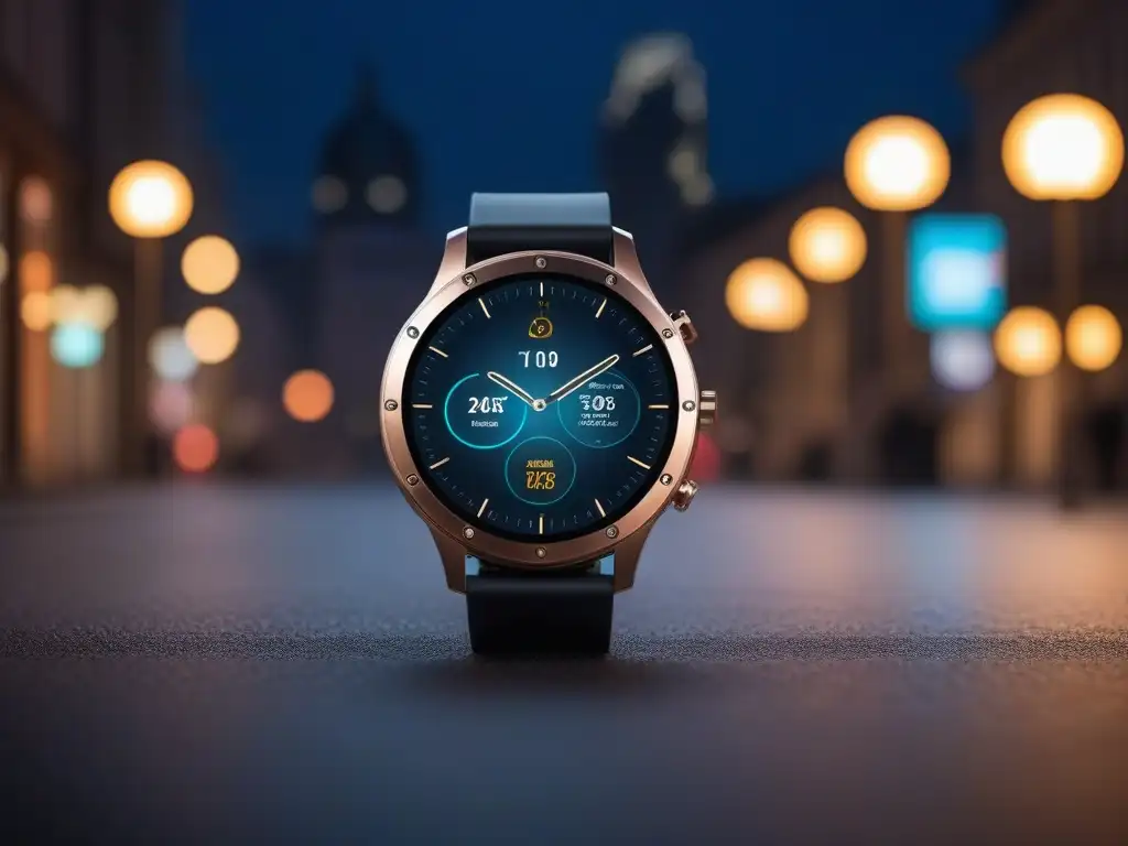 Smartwatch elegante con diseño personalizable y notificaciones en la ciudad Reloj inteligente de alta gama con diseño elegante y personalizable, en una ciudad nocturna
