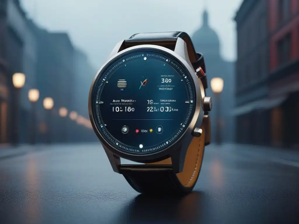 Reloj inteligente futurista en la ciudad de noche Reloj inteligente de alta gama con pantalla personalizable, notificaciones elegantes y fondo de ciudad nocturna