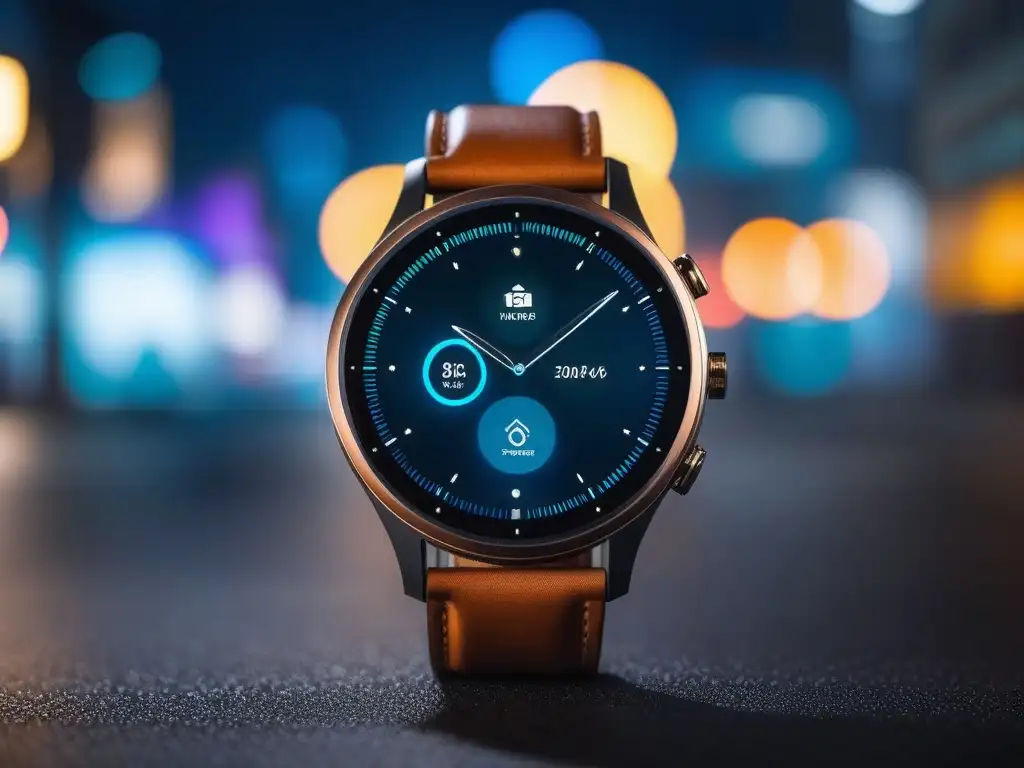 Smartwatch de lujo: seguridad y estilo en la ciudad Reloj inteligente de alta gama con banda de cuero, interfaz elegante y seguridad avanzada