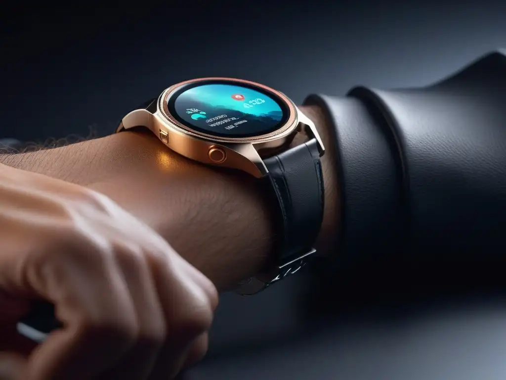 Smartwatch de lujo con tecnología avanzada y diseño elegante Un reloj inteligente de alta gama con detalles metálicos, pantalla táctil brillante y pulsera de cuero