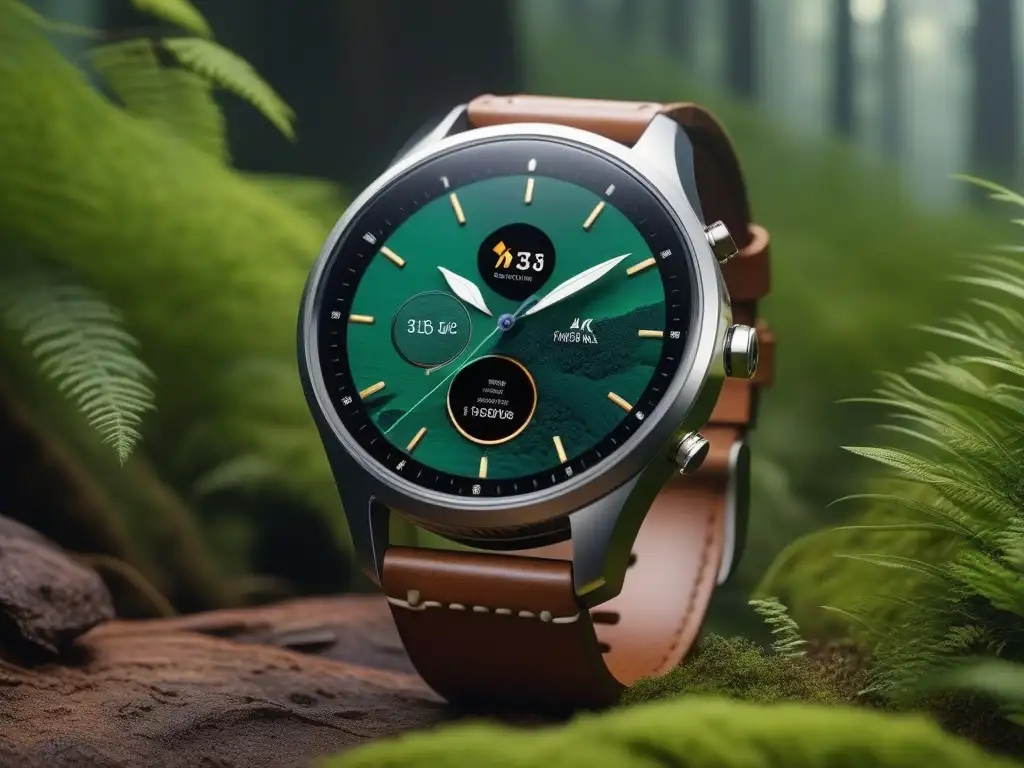 Smartwatch ecofriendly de lujo: pantalla vibrante y materiales sostenibles Reloj inteligente ecológico de lujo con diseño moderno y pantalla vibrante mostrando datos de fitness, en un bosque verde exuberante