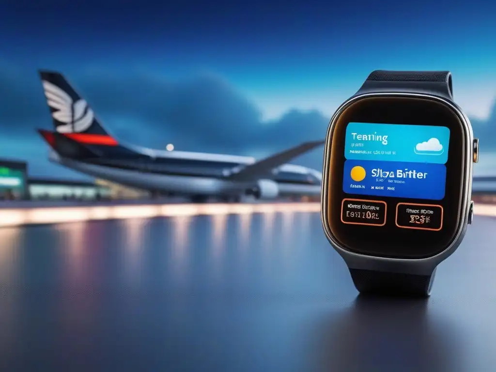 Reloj inteligente para viajeros modernos en aeropuerto Un reloj inteligente elegante exhibiendo múltiples funciones en una terminal de aeropuerto bulliciosa