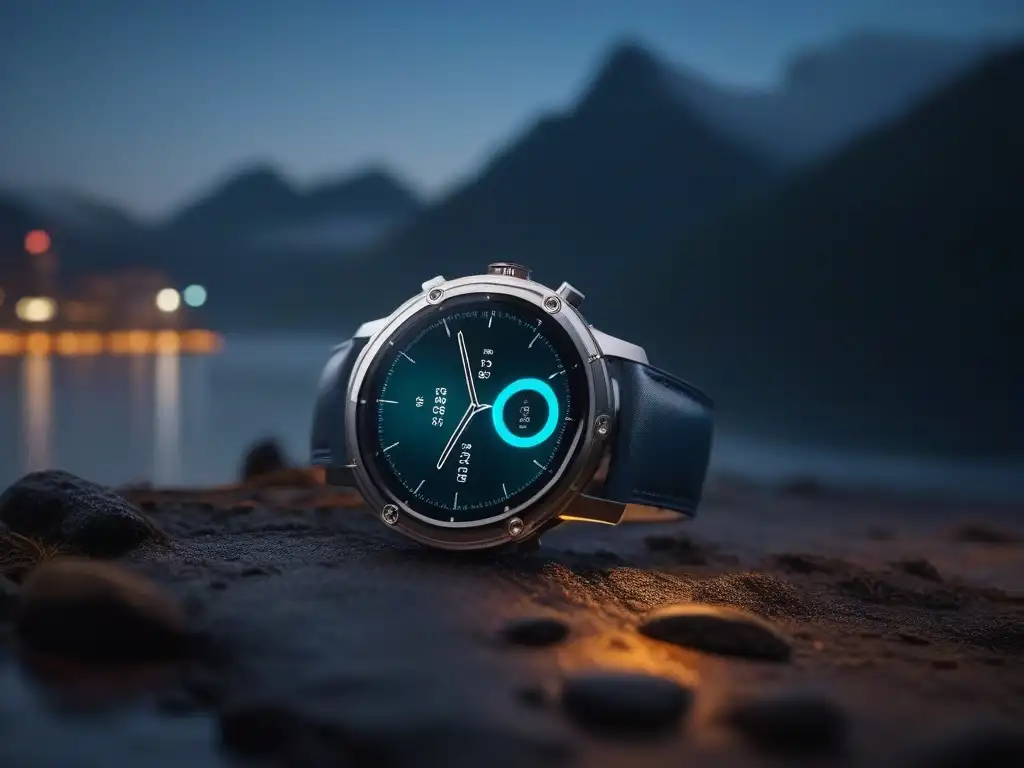 Smartwatch de lujo: diseño futurista en titanio y cristal de zafiro Un reloj inteligente futurista de alta gama con materiales lujosos, pantalla HD y diseño elegante, integrado en paisaje urbano