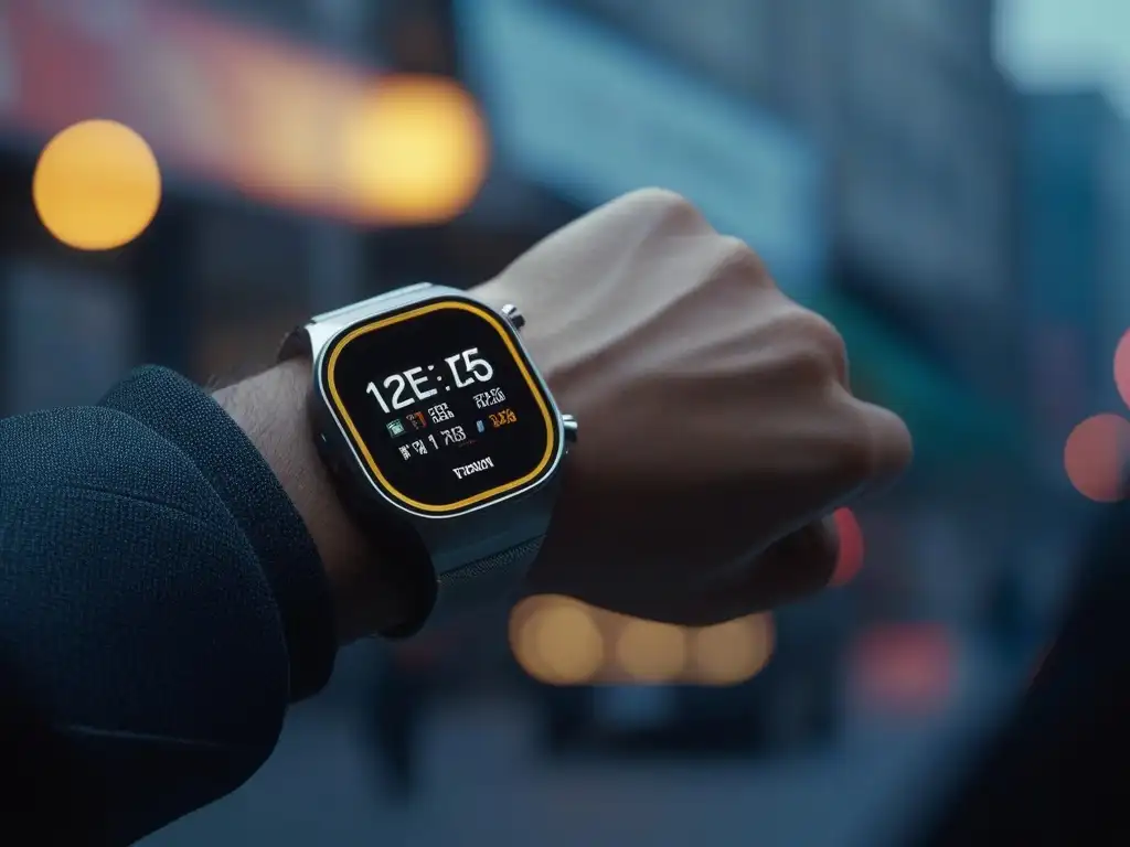 Smartwatch futurista con GPS en ciudad vibrante Un reloj inteligente futurista de alta gama con GPS en una ciudad moderna