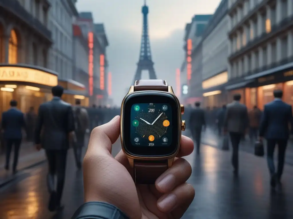 Reloj inteligente de lujo en paisajes icónicos globales Un reloj inteligente futurista con detalles y monumentos globales, ideal para viajeros