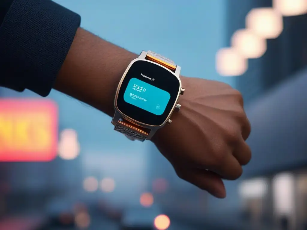 Smartwatch futurista con pantalla personalizable en ciudad moderna Un reloj inteligente futurista con diseño de moda personalizable y ciudad reflejada en su pantalla brillante