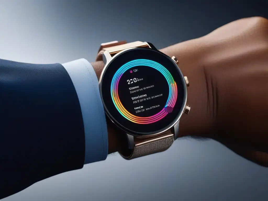 Smartwatch futurista con diseño elegante y pantalla personalizable Un reloj inteligente futurista con diseño elegante y pantalla digital personalizable muestra gráficos vibrantes