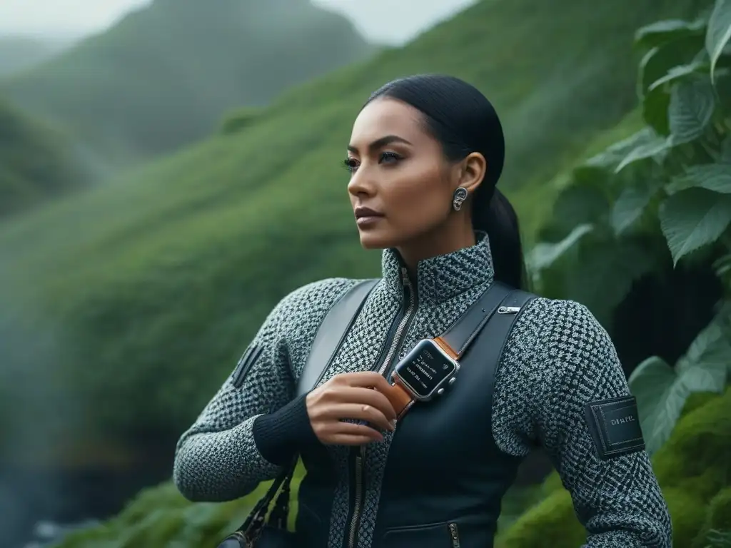 Smartwatch eco-friendly: lujo y sostenibilidad Un reloj inteligente futurista y ecológico, con detalles reciclados y correa vegana, en un entorno de exuberante vegetación