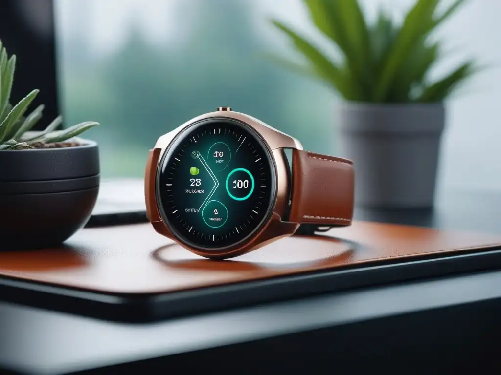 Smartwatch futurista con pantalla vibrante y elegantes funciones de salud Un reloj inteligente futurista y elegante con acabado cromado y pantalla táctil de alta resolución, rodeado de funciones de seguimiento de salud