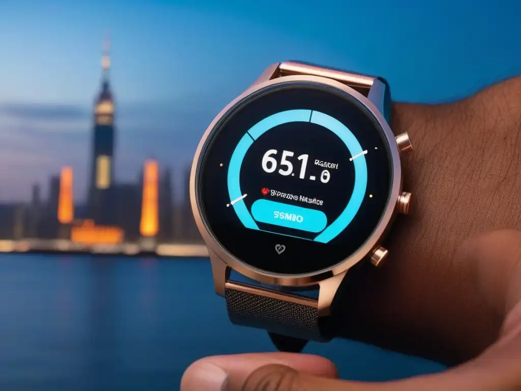 Smartwatch futurista: moda y tecnología saludable en la ciudad Un reloj inteligente futurista y elegante muestra métricas de salud en una pantalla circular vibrante, en una ciudad al atardecer