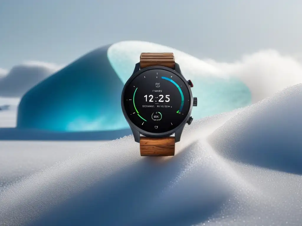 Reloj inteligente sostenible: tecnología y estilo eco-friendly Un reloj inteligente futurista hecho de materiales sostenibles con pantalla digital, mostrando datos ambientales