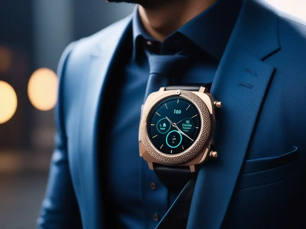 Smartwatch holográfico: moda futurista 2023 Un reloj inteligente futurista con holograma, mostrando atuendos elegantes