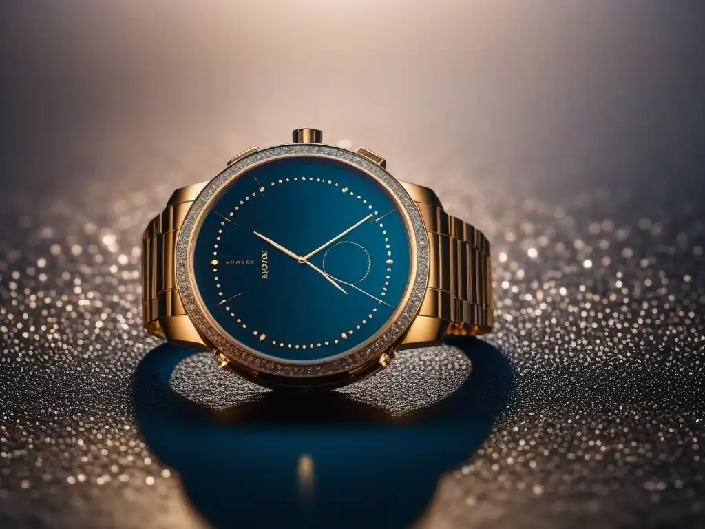 Smartwatch de lujo con diseño futurista y diamantes dorados Reloj inteligente futurista de lujo con diseño de oro y diamantes, mostrando tendencias de moda y accesorios de alta gama en un ambiente sofisticado