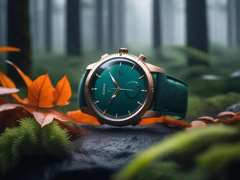 Smartwatch ecológico de lujo con escena de bosque digital vibrante en 8k Reloj inteligente futurista de moda sostenible alta gama con escena de bosque digital vibrante en pantalla de alta resolución