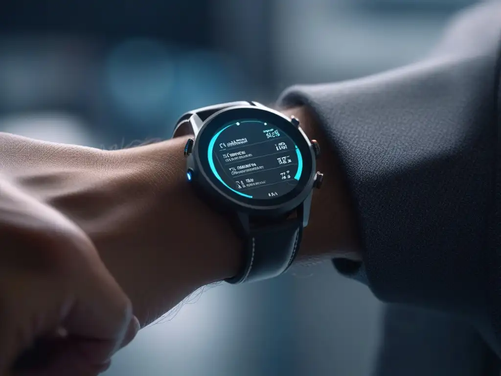 Smartwatch futurista con funcionalidades avanzadas en aeropuerto Un reloj inteligente futurista con múltiples funciones integradas, en un aeropuerto con viajeros elegantes