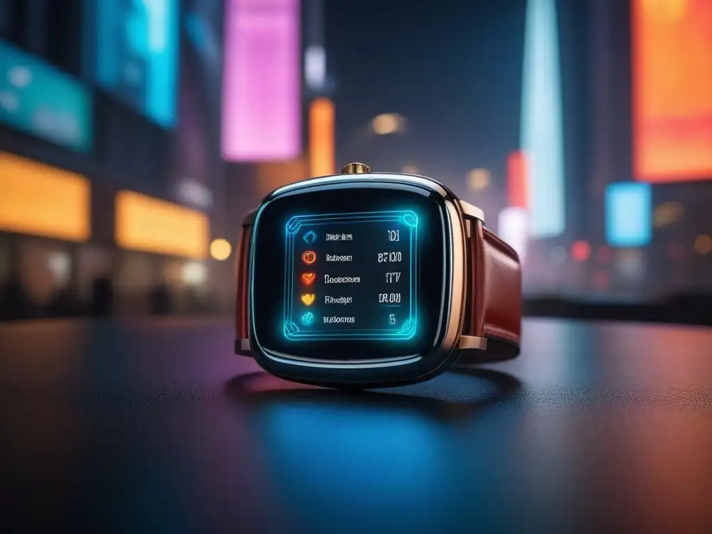 Reloj inteligente futurista con pantalla personalizable en ciudad nocturna Reloj inteligente futurista con pantalla personalizable y correa de cuero, en ciudad nocturna