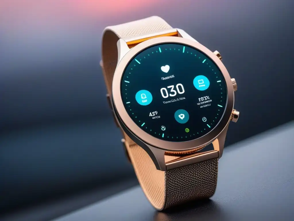 Smartwatch futurista con pantalla de alta resolución y diseño metálico Un reloj inteligente futurista con pantalla vibrante y datos de salud, en un diseño de moda y tecnología