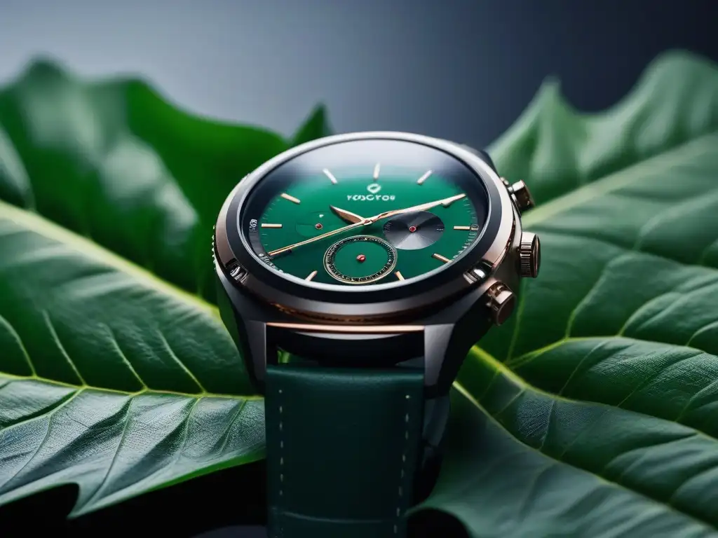 Reloj inteligente sustentable en hoja verde Un reloj inteligente futurista y sostenible sobre una hoja verde vibrante, fusionando moda sostenible y tecnología avanzada