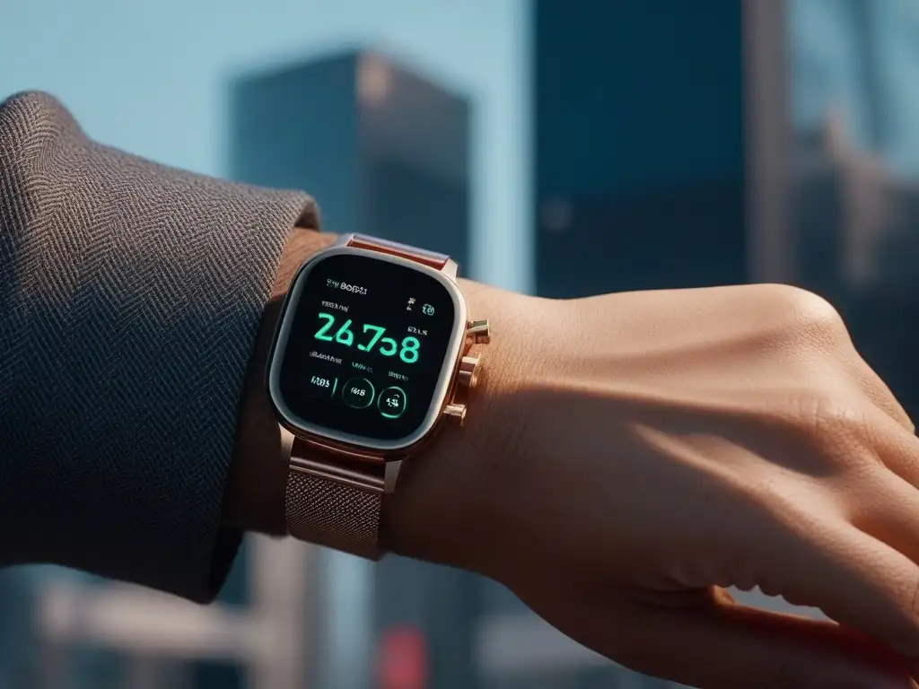 Reloj inteligente futurista con diseño minimalista en oro rosa Un reloj inteligente futurista en tono rosa dorado, con patrones de moda y recomendaciones de estilo para alturas, rodeado de iconos brillantes