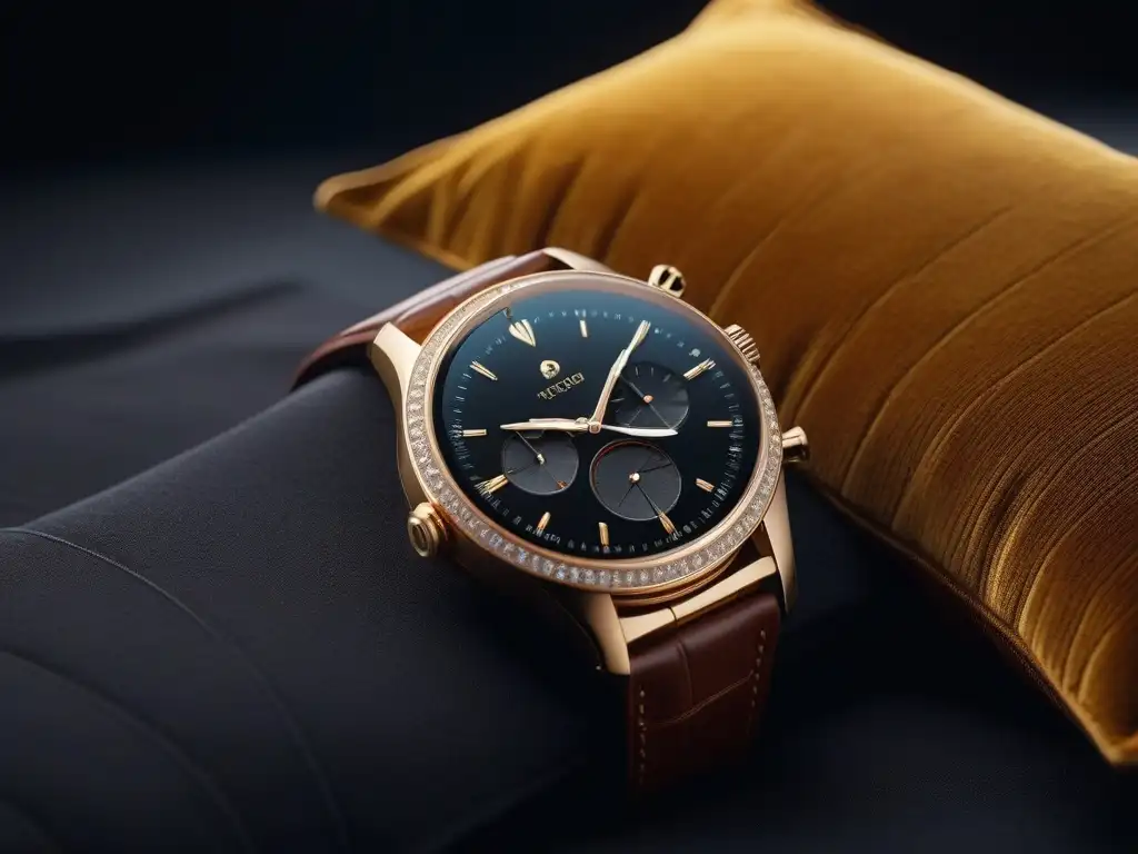 Reloj inteligente de lujo: acero inoxidable, diamantes y sofisticación Un reloj inteligente de lujo de acero inoxidable y diamantes brillantes sobre cojín de terciopelo, bajo luz ambiental suave