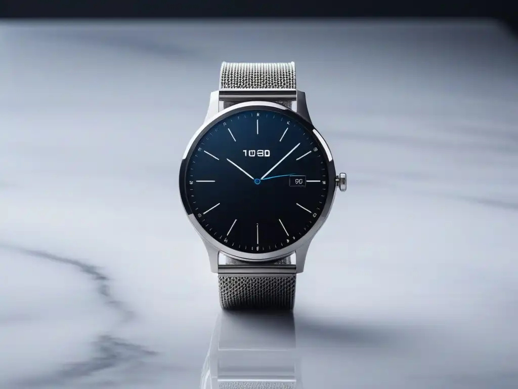 Reloj inteligente de lujo: elegancia y tecnología de vanguardia Reloj inteligente de lujo en mármol blanco con reflejo de moda, diseño minimalista y tecnología de vanguardia