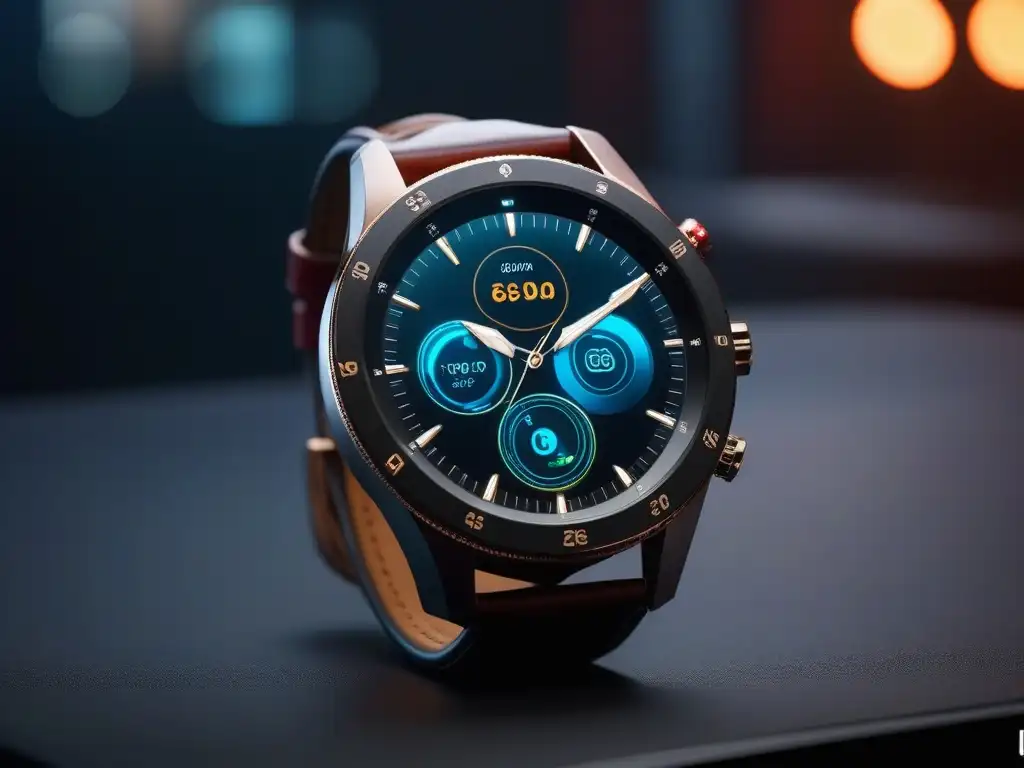 Reloj inteligente de lujo en ciudad futurista Un reloj inteligente de lujo en una ciudad futurista iluminada por luces de neón