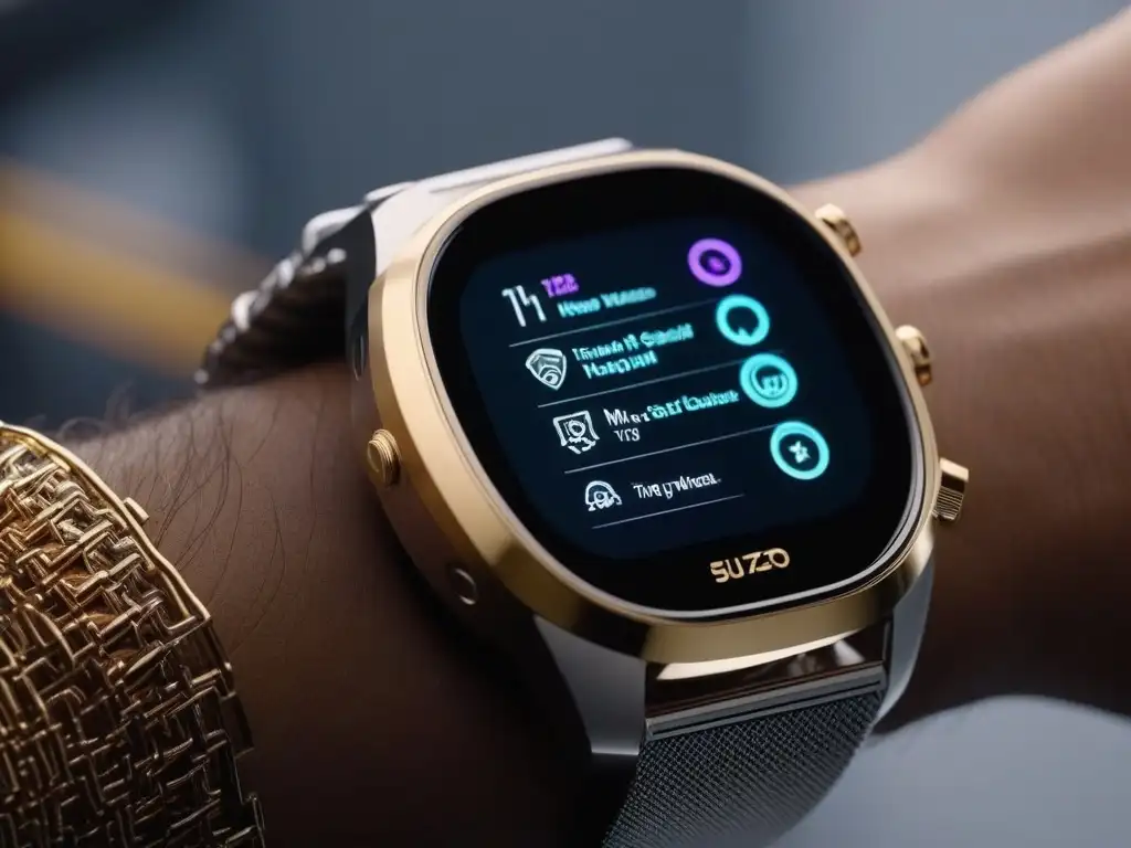 Reloj inteligente de lujo: fusión de moda y tecnología Un reloj inteligente de lujo con detalles dorados y plateados en un evento de moda exclusivo, fusionando tecnología y estilo