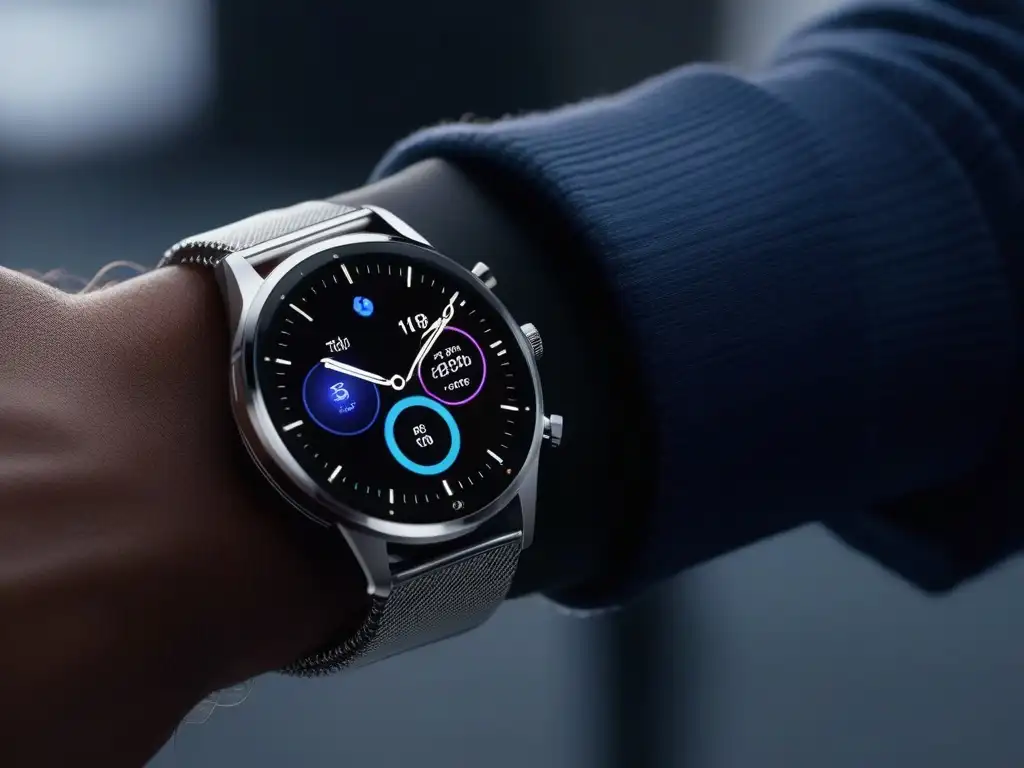Reloj inteligente de lujo con pantalla vibrante y diseño urbano Un reloj inteligente de lujo con detalles ultradetallados y pantalla vibrante, fusionando tecnología y elegancia en un entorno urbano sofisticado
