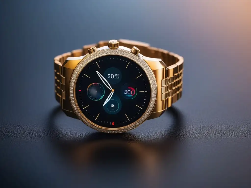 Reloj inteligente de lujo con detalles de oro y diamantes Un reloj inteligente de lujo con detalles de oro y diamantes, mostrando una interfaz de app innovadora para aficionados a la moda