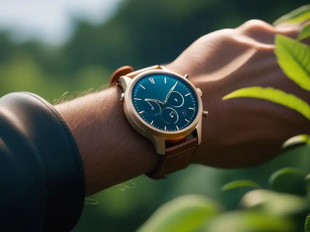 Smartwatch sustentable: lujo y naturaleza fusionados Un reloj inteligente de lujo y ecoamigable en entorno verde, fusionando moda ecológica con innovación tecnológica