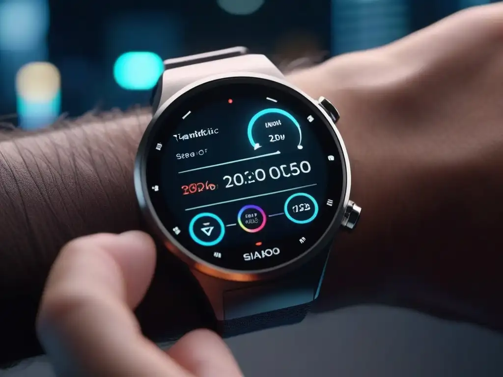 Reloj inteligente de lujo en ciudad futurista Un reloj inteligente de lujo en un entorno urbano futurista de noche