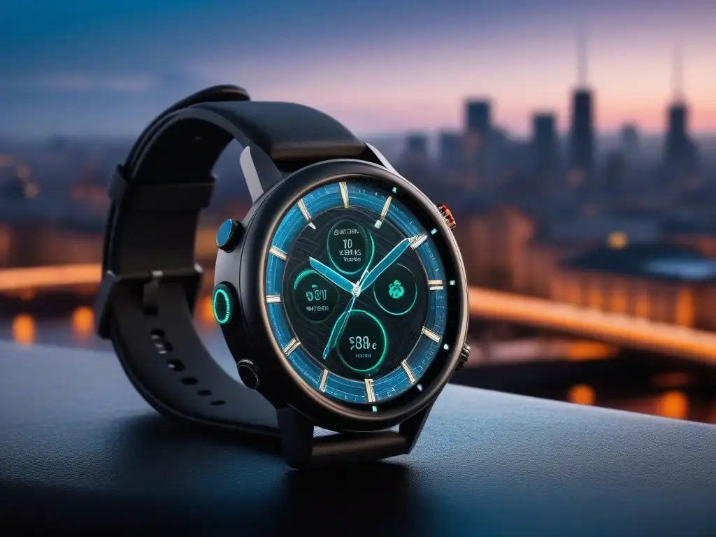 Reloj inteligente de lujo sostenible en ciudad futurista Un reloj inteligente de lujo, futurista y sostenible, destaca en una ciudad urbana al anochecer
