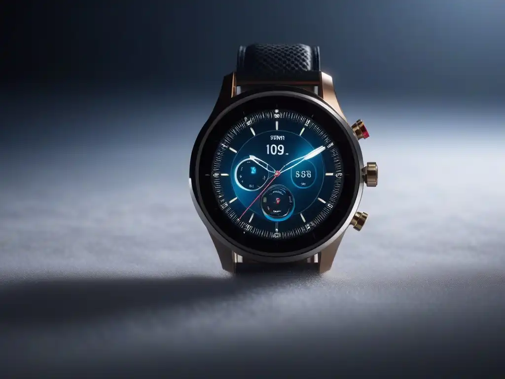 Smartwatch de lujo futurista en 8k: diseño detallado y sofisticado Un reloj inteligente de lujo futurista y elegante en una superficie reflectante