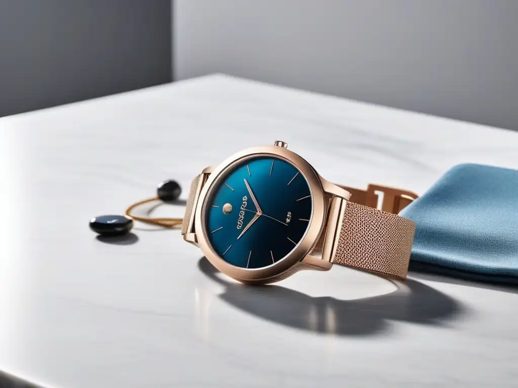 Reloj inteligente de lujo con accesorios de moda Un reloj inteligente de lujo junto a accesorios de moda en una elegante composición sobre una mesa de mármol iluminada naturalmente