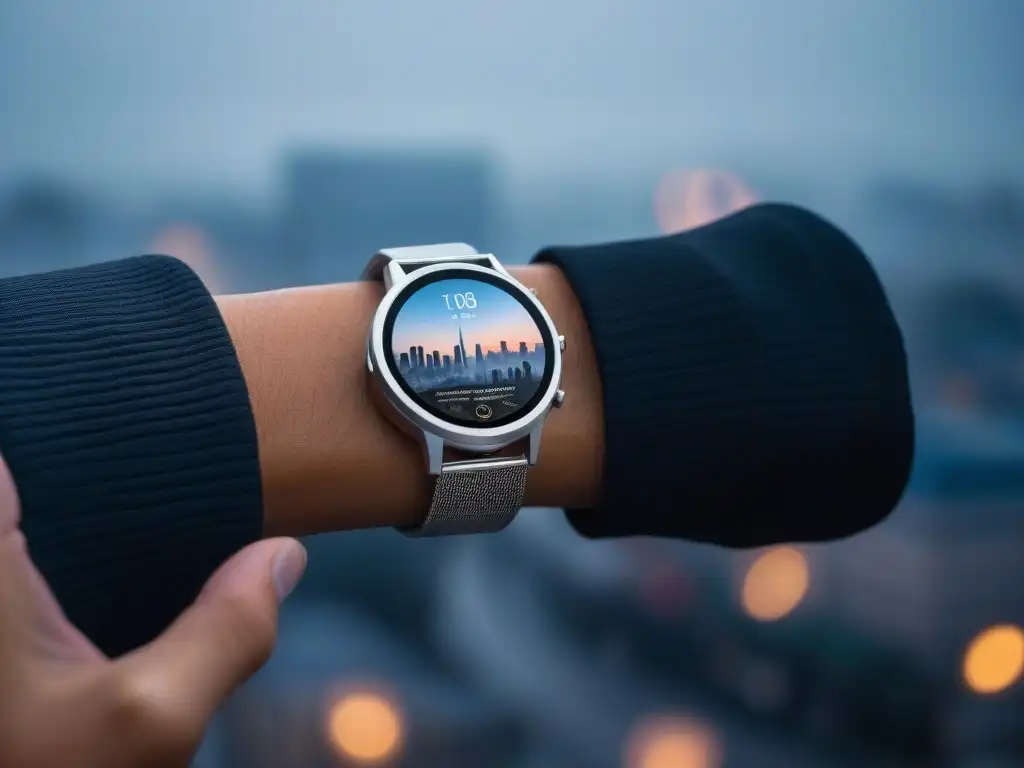 Smartwatch inclusivo: fusión de moda y tecnología en ciudad futurista Un reloj inteligente de lujo y moderno, diseñado con inclusividad en mente, destacando la moda y tecnología inclusivas en la ciudad del futuro