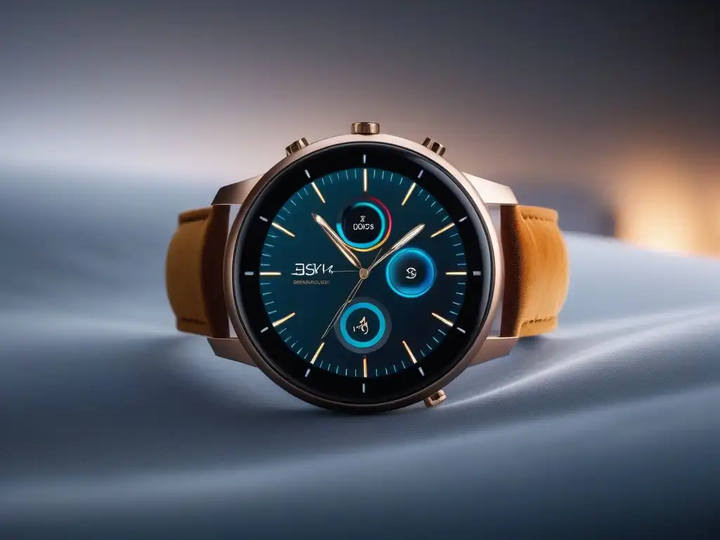 Smartwatch de lujo: diseño elegante y futurista en vibrantes colores Un reloj inteligente de lujo y moderno en un cojín de terciopelo, con detalles metálicos elegantes y diseño sofisticado