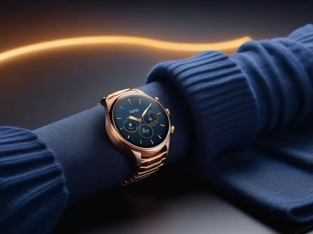 Smartwatch de lujo en oro rosa y cristal de zafiro en revista de moda Reloj inteligente de lujo en oro rosa sobre revista de alta moda mostrando diseño sofisticado y tecnología innovadora