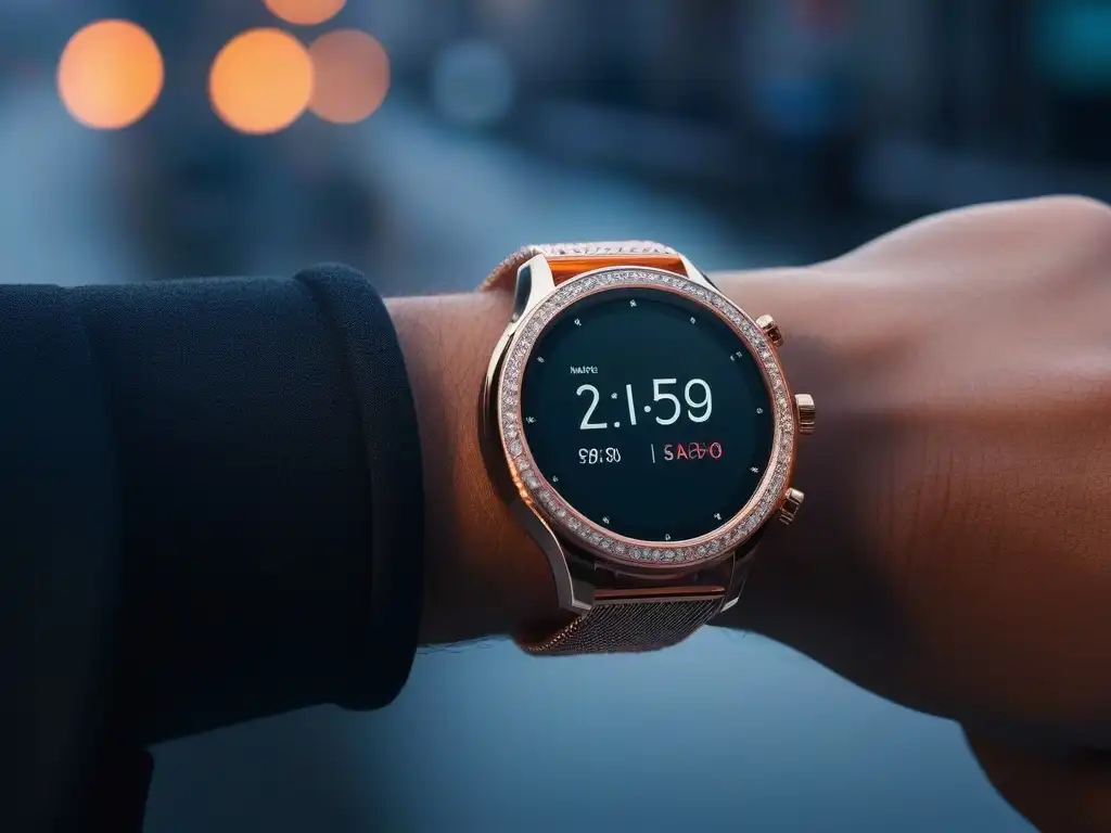Smartwatch de lujo con diamantes y vista de ciudad Reloj inteligente de lujo en superficie reflectante, detallado diseño en oro rosa con diamantes, esfera digital y ciudad de fondo