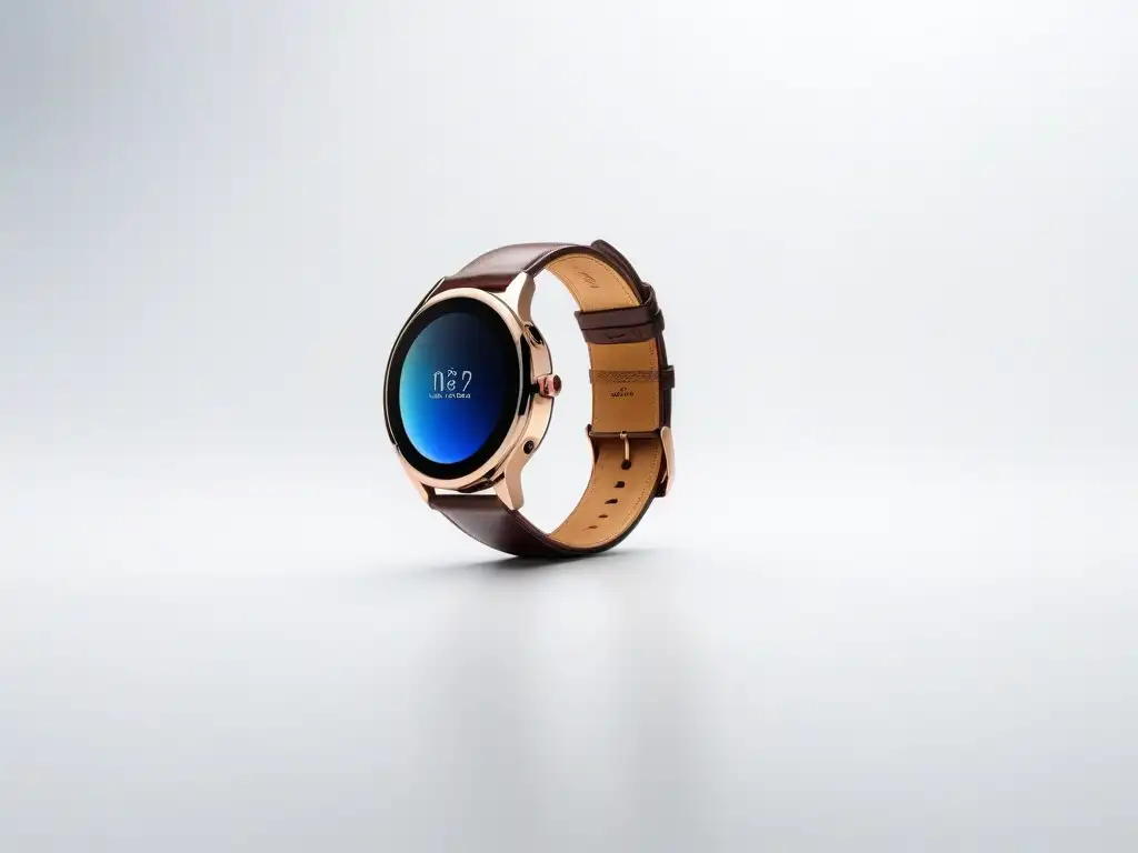 Smartwatch elegante en oro rosa con pantalla digital y correa de cuero Reloj inteligente de moda con detalles en oro rosa, pantalla digital y correa de cuero