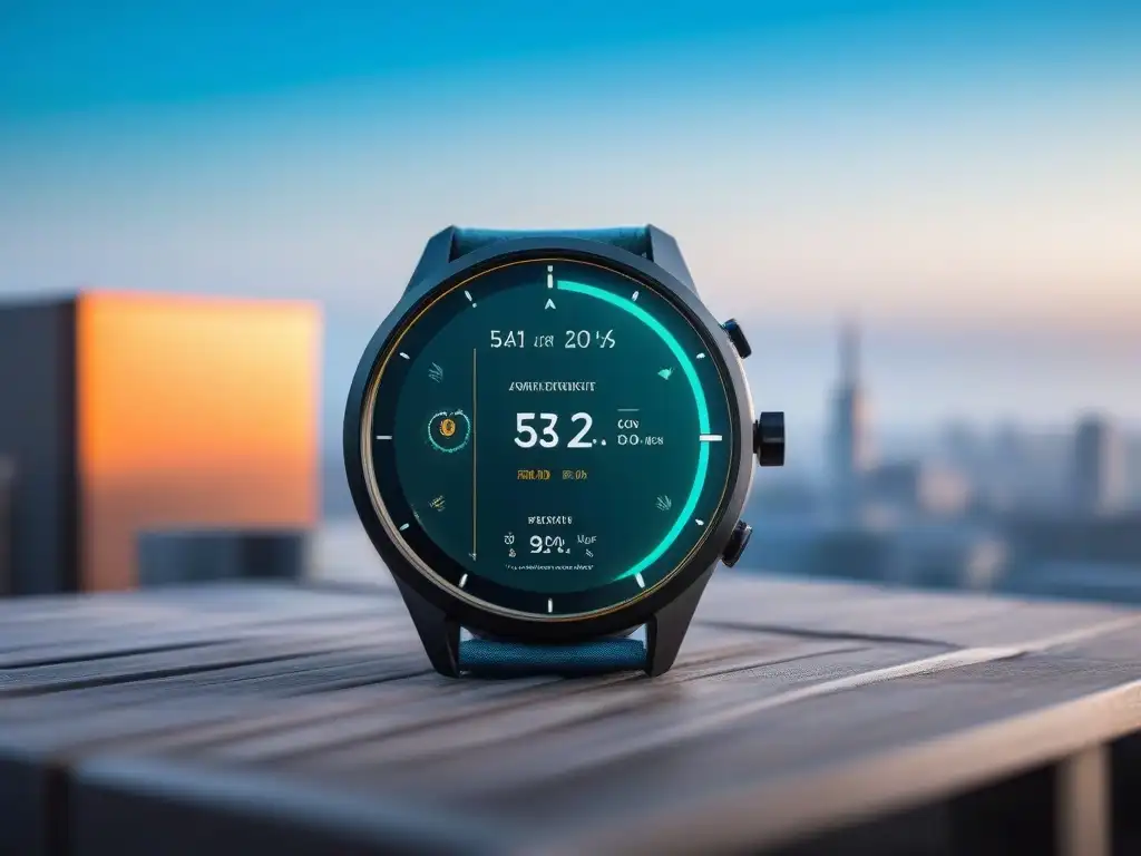 Smartwatch ecológico: tecnología y sostenibilidad en armonía Reloj inteligente de moda sostenible, alta gama, con apps eco en pantalla y correa ajustable de plástico reciclado, en ciudad ecofuturista