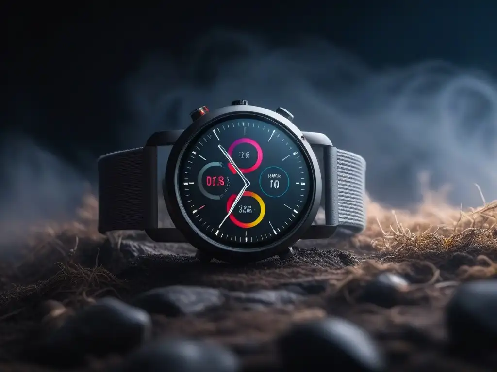 Smartwatch moderno con pantalla vibrante y funciones de salud Un reloj inteligente moderno en un ambiente minimalista y elegante, mostrando funciones de seguimiento de salud